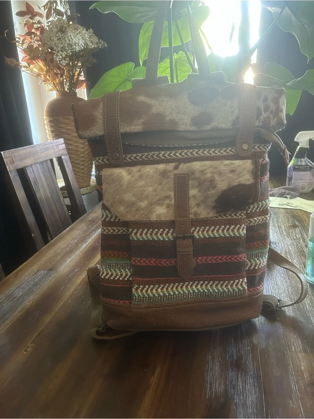 Myra Bag Brown Multi-Patterned Cowhide Accent Backpack